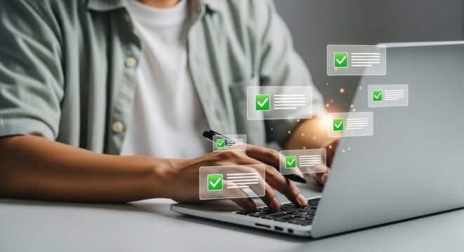 A person types on a laptop with digital checklist icons floating above