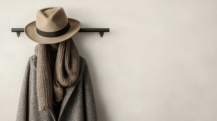 A stylish beige fedora, knitted scarf, and gray coat hang on a simple black rack against a plain off-white wall.