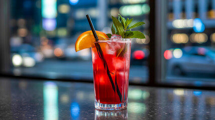 A close-up photograph of a vibrant red cocktail in a tall clear glass with vertical ridges, positioned on a reflective dark surface .