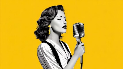 Woman singing into microphone retro art illustration - Powered by Adobe