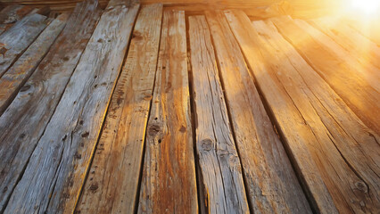 Rustic wooden planks bathed in sunlight, creating a warm and inviting atmosphere with natural textures and tones.