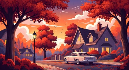 Retro Anime Vibes: Autumn Street Scene with Classic Car and Vibrant Fall Colors
