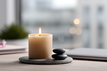 Lit candle and stones on office desk in daytime
