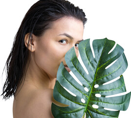 Beauty Woman with natural green palm leaf portrait. Fashion, beauty, make-up, cosmetics.