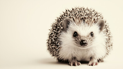 Obraz premium A close-up photo of a cute hedgehog with spiky quills and bright eyes on a soft beige background.