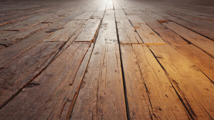 Rustic wooden floor with warm lighting, showcasing the texture and grain of the aged wood planks.
