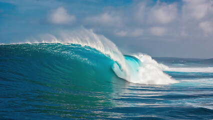 Majestic ocean wave crests under a partly cloudy sky, showcasing the power and beauty of nature.