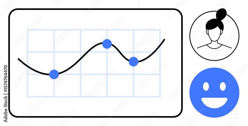 Poster line graph with data points, smiling face icon, and user avatar. ideal for analytics, feedback, stat
