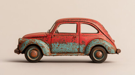 A vintage, rusty red and blue car model with chipped paint, showing signs of age and wear, set against a plain beige background.