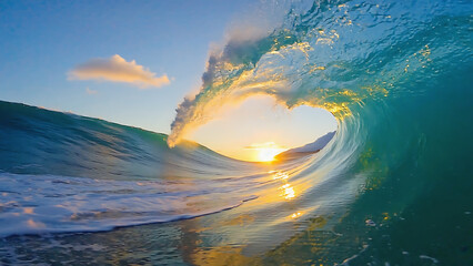 A mesmerizing view of a powerful ocean wave curling at sunset, creating a tunnel of turquoise water.