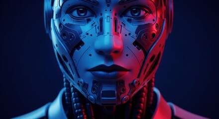 Close Up Portrait of a Futuristic Cyborg Woman with Detailed Mechanical Features Illuminated by Red and Blue Lights