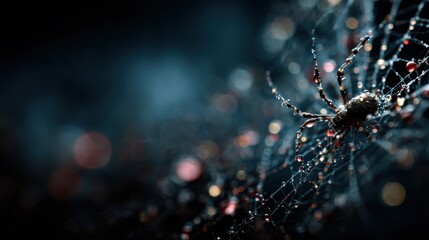 Spider crawls on dewy web in the nighttime