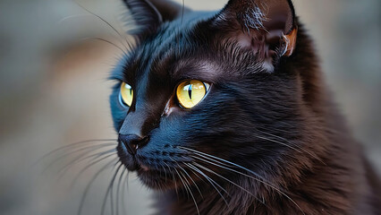 Portrait of a sleek black cat with striking yellow eyes, showcasing its elegant features and captivating gaze.
