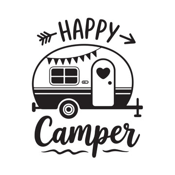 happy camper vintage caravan vector with mountain peaks and arrow, ideal for camping and travel logos