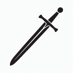 medieval sword vector illustration, black silhouette blade with crossguard and pommel, simple classic knight weapon design