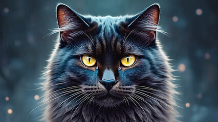 Elegant portrait of a black cat with striking yellow eyes and a mystical, dreamy background.