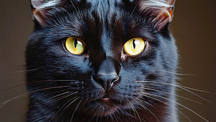 A captivating close-up of a sleek black cat with striking yellow eyes, showcasing its beauty and mystique.