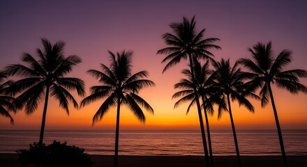 Naklejka premium Tropical sunset over the beach with a palm tree silhouetteTropical sunset over the beach with a palm tree silhouette