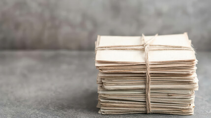 A neat stack of vintage, yellowed letters tied together with twine, resting on a textured gray surface against a blurry background.