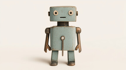 A vintage-style metal robot toy with a simple blue body and expressive round eyes stands against a plain background.