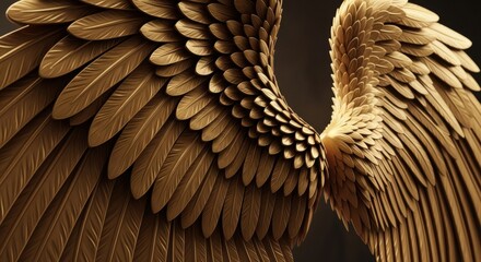 Majestic golden wings with intricate feather details and a dark background conveying power and elegance