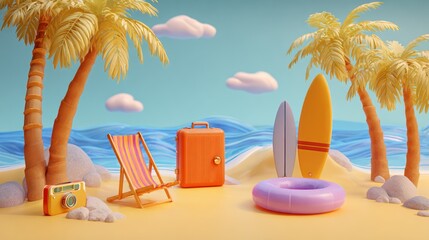 Obraz premium Cartoon beach scene with palm trees, luggage, surfboards, chair, and clear blue sky