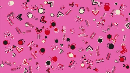 Pink image shows a playful geometric abstract design. Abstract seamless memphis loop video for presentation, intro, outro, and social media.