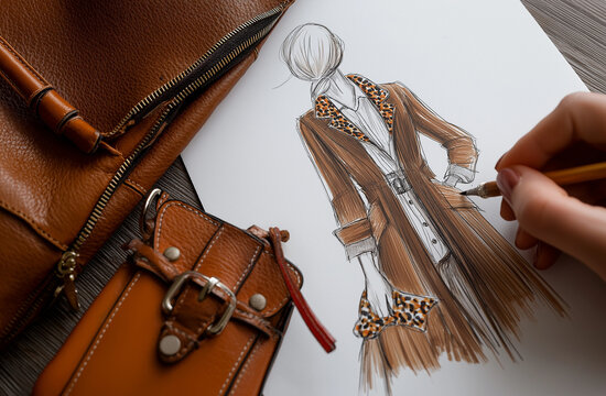 A fashion designer is sketching an outfit on paper, using crayons and fabric samples of brown leather