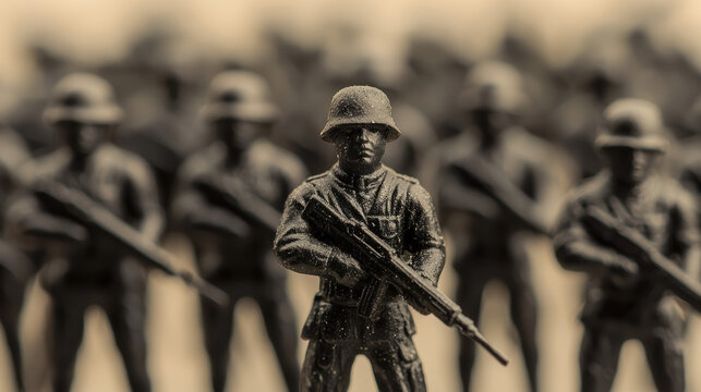 A close-up of a toy soldier figurine holding a rifle, standing at attention with blurred toy soldiers in the background. - Powered by Adobe