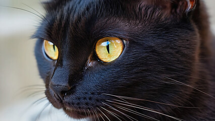 Close-up portrait of a sleek black cat with striking golden eyes, showcasing its elegant features and captivating gaze.