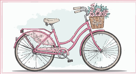 Vector illustration of a retro women&rsquo;s bicycle with basket and flowers, pink frame, stylized in nostalgic pastel colors.generative ai