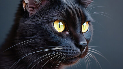 Elegant black cat portrait with striking yellow eyes and a sleek, dark coat against a muted background.