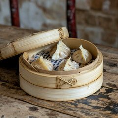 manti in a bamboo steamer on a wooden table 