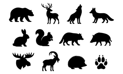 Naklejka premium Black silhouettes of 12 forest animals and paw print on white background. Vector illustration. Design for banner, poster, sticker, greeting card, invitation.