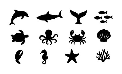 Silhouette ocean creatures: marine life icons in black and white