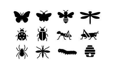 Naklejka na ściany i meble Silhouette icons of insects and bugs: butterfly, ant, bee, dragonfly, more