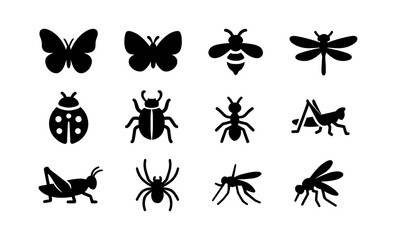 Fototapeta premium Silhouette collection of insects: butterflies, spider, bees, and more in iconic styles