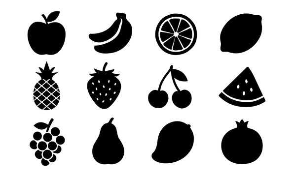 Silhouette fruit icons set: apple, banana, citrus, and more in bold black designs