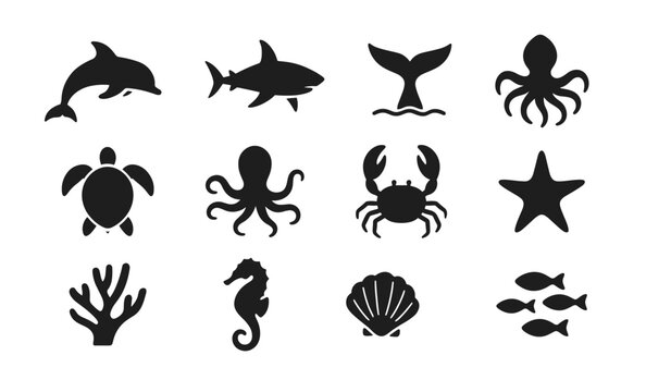 Silhouette sea creatures icons: ocean life collection featuring marine animals - Powered by Adobe