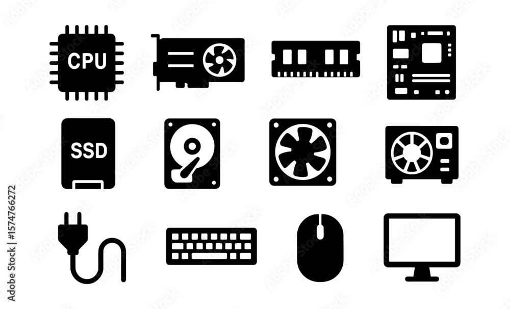 Poster silhouette icons of computer components for technology and computing themes