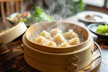 manti in a bamboo steamer on a wooden table 