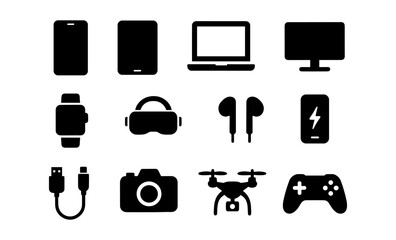 Silhouette icons of modern technology devices: smartphones, gadgets, and game controllers