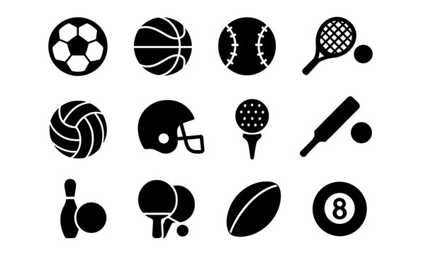 Silhouette icons of popular sports gear and balls for diverse athletic activities