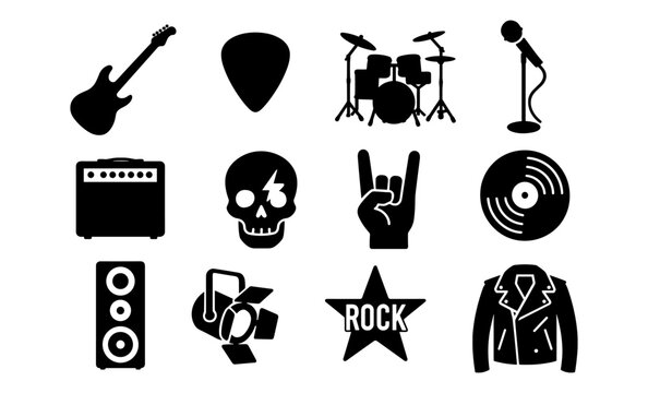 Silhouette rock music icons: guitar, microphone, skull, and more in black and white