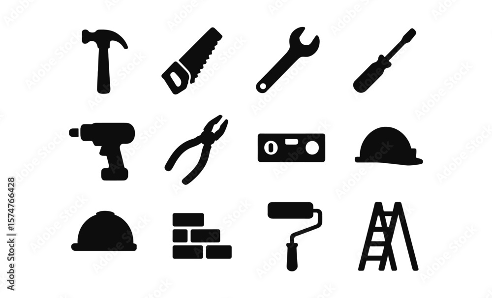 Poster silhouette set of construction tools on gradient background
