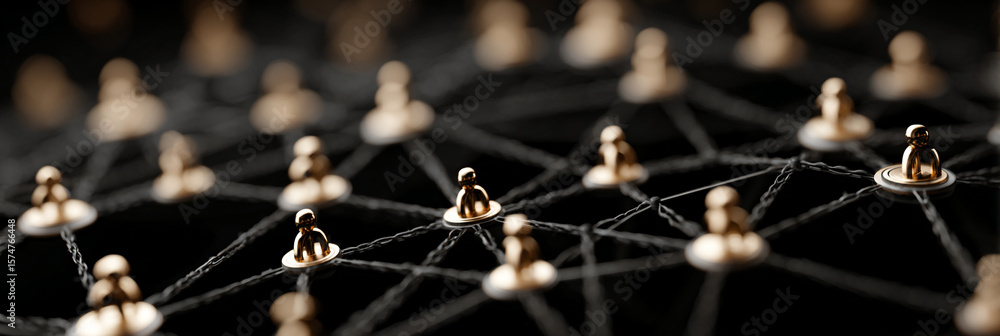 Aufkleber network of golden figures connected by black lines against a dark background view