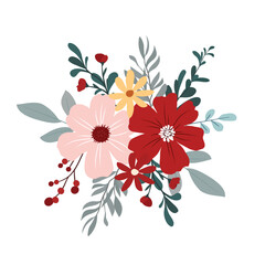 Pink and Red Rustic Wildflower Bouquet Clipart for Wedding & Greeting Card Decorations