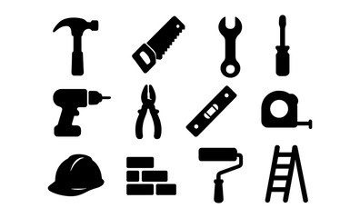 Obraz premium Silhouette tool icons on dark background for diy and construction themes