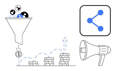 Funnel filtering prospects into revenue, stacks of coins increasing, share icon, and megaphone. Ideal for marketing, sales, conversion strategy, growth, advertising analytics simple landing page
