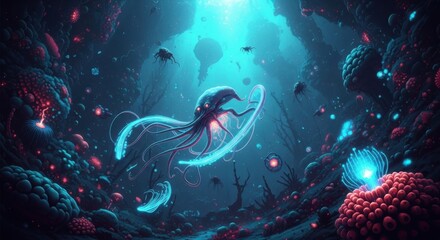 Mysterious bioluminescent deep sea creatures explore an alien underwater world with glowing coral reefs and ancient structures